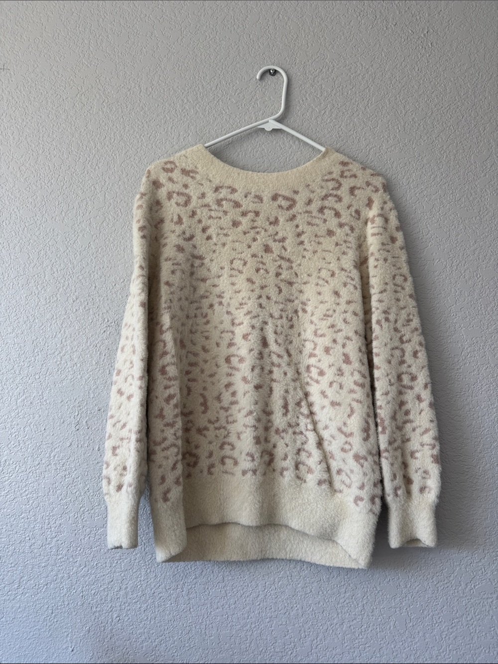 Altar'd State Cream Leopard-Print Fuzzy Crewneck Sweater